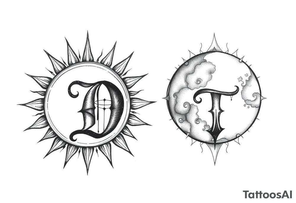 the letter D in the sun and the letter T in the moon tattoo idea