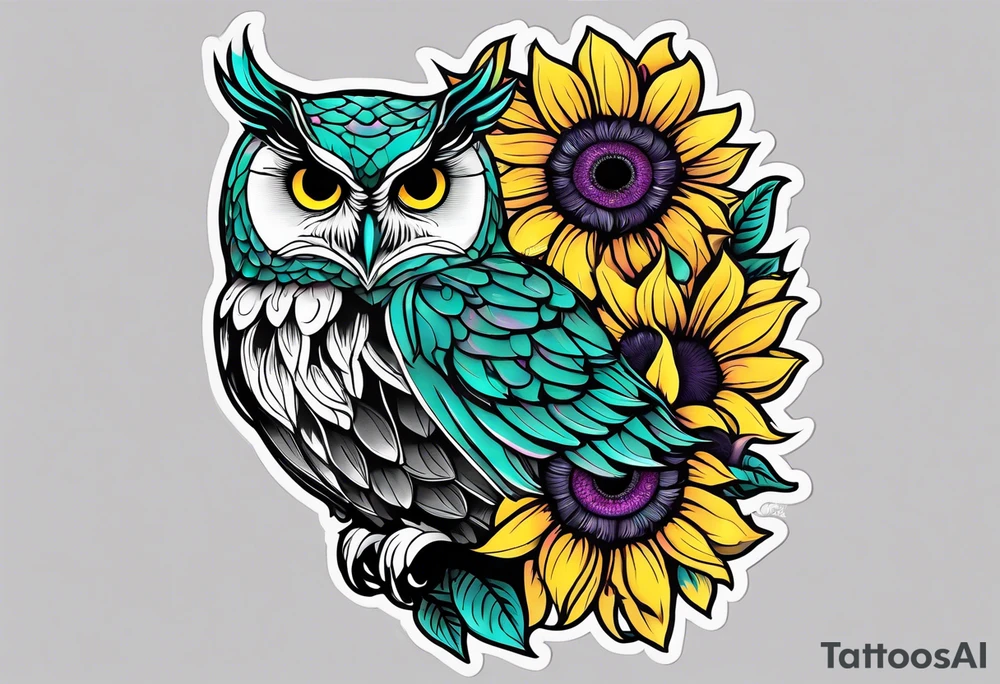 Black and white owl shaded teal, pink and purple surrounded by yellow sunflowers sleeve tattoo idea