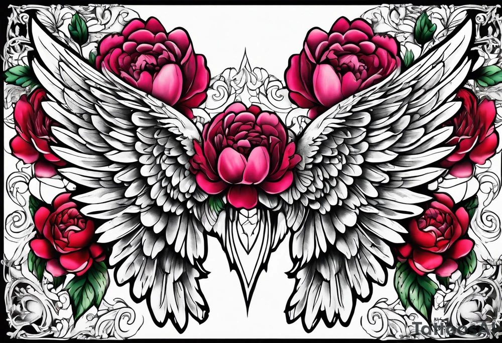 beautiful angel wings with colorful peonies. beautiful flilligree in the background tattoo idea