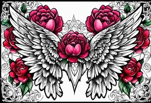 beautiful angel wings with colorful peonies. beautiful flilligree in the background tattoo idea