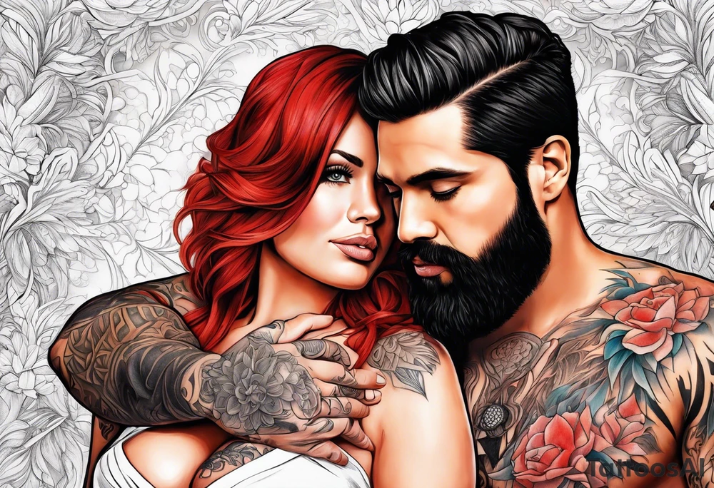Busty red haired woman with a bearded man who has black hair tattoo idea