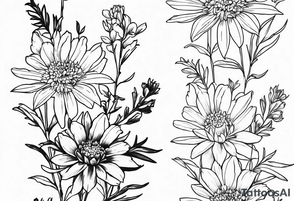 Aster and larkspur tall bouquet tattoo idea