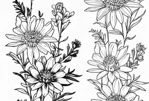 Aster and larkspur tall bouquet tattoo idea