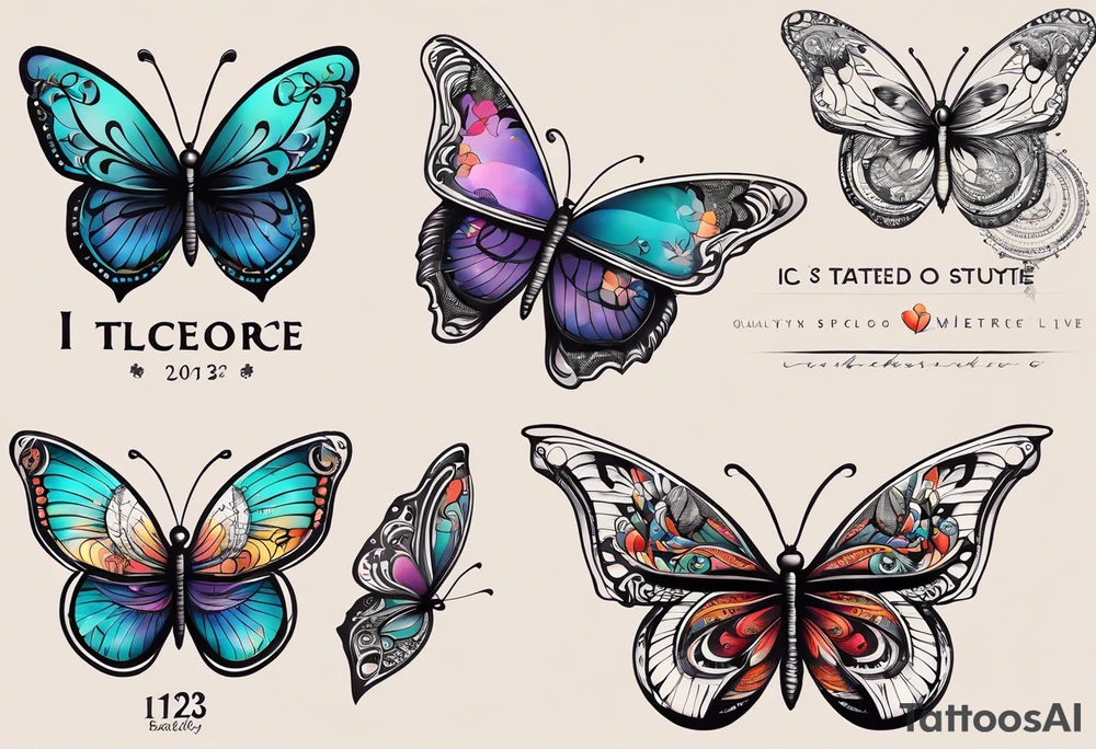 butterfly with one wing black scribbles, the other wing beautiful and colorful, the body has the date 1.9.2023 and the words written "I chose to live." tattoo idea