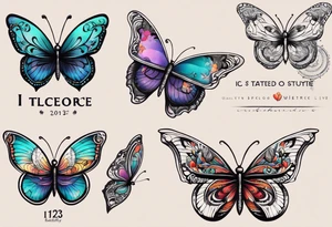 butterfly with one wing black scribbles, the other wing beautiful and colorful, the body has the date 1.9.2023 and the words written "I chose to live." tattoo idea