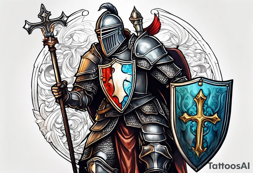 a knight with a bible on his shield tattoo idea