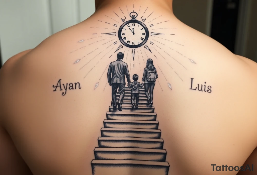 A symbolic black and grey tattoo design showing a father and his two sons climbing a long staircase toward a glowing clock at the top, surrounded by a radiant, heavenly atmosphere with sunlight and clouds. The environment should feel peaceful and divine, as if in heaven. The names 'Ayan' and 'Luis' should be elegantly integrated into the design, well balanced and harmoniously placed within the scene. tattoo idea