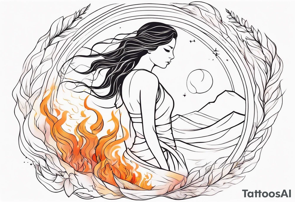 Resurrection strength and courage overcoming trauma Beautiful Woman walking away fire and chaos to inner peace and self-love  ethereal tattoo idea
