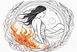 Resurrection strength and courage overcoming trauma Beautiful Woman walking away fire and chaos to inner peace and self-love  ethereal tattoo idea