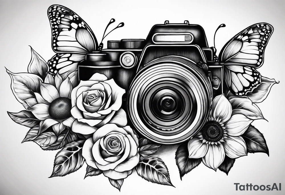Flower : rose , sunflower, camera, butterfly tattoo idea