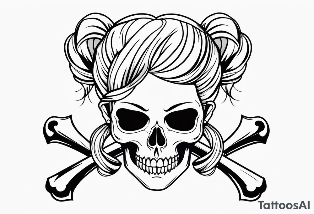 feminine skull  with hair in two blonde pigtails and crossbones underneath tattoo idea