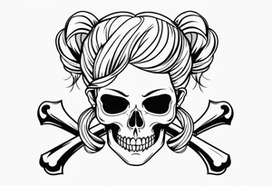 feminine skull  with hair in two blonde pigtails and crossbones underneath tattoo idea