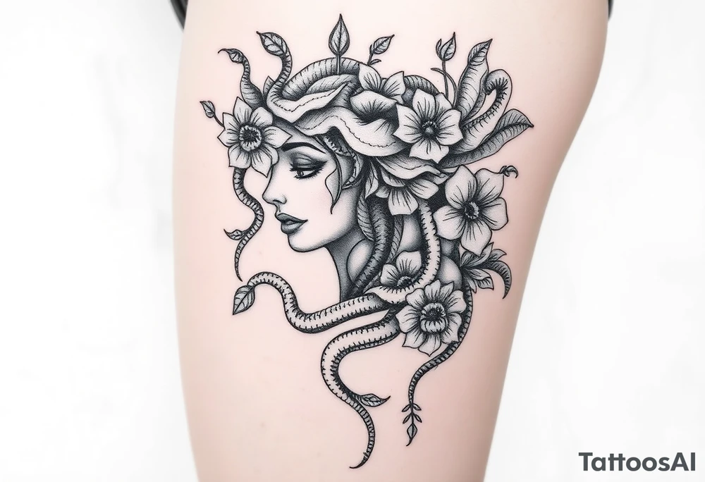 Big Medusa flowers snakes tattoo idea