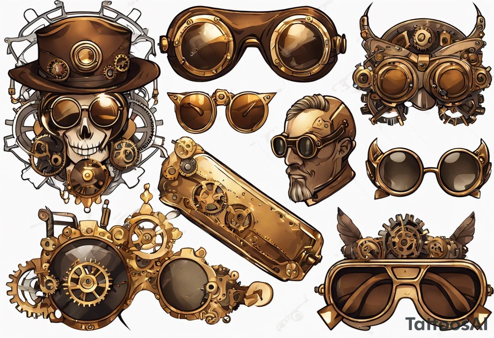 Steampunk
Anime
Gold
Brown
Sunglasses 
Mechanical devices
Leather
People tattoo idea