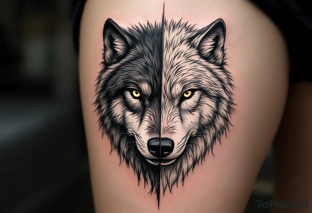 Black wolf face and a white wolf face side by side tattoo idea
