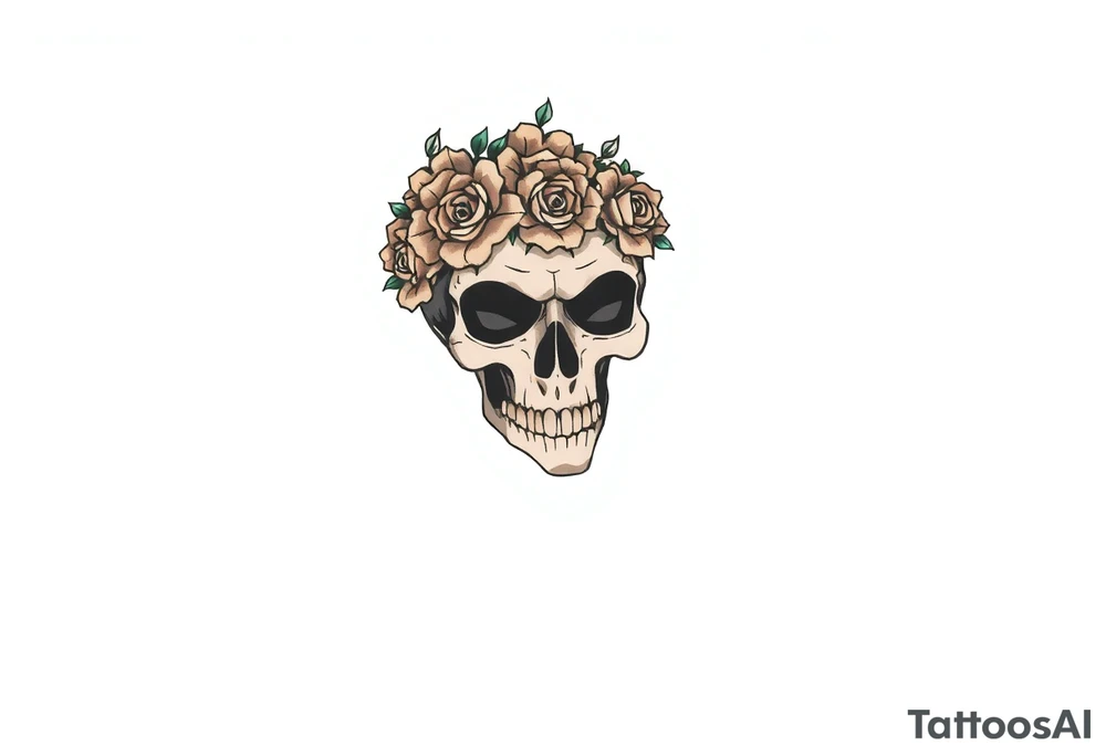 ornate skull adorned with crown of wild roses and thorns tattoo idea