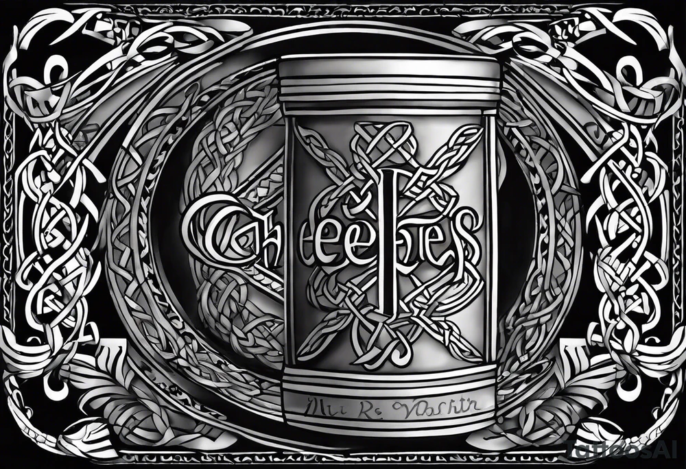 "Cheers Mate" text black and grey ink armband +Celtic +grey Cancer Ribbon tattoo idea