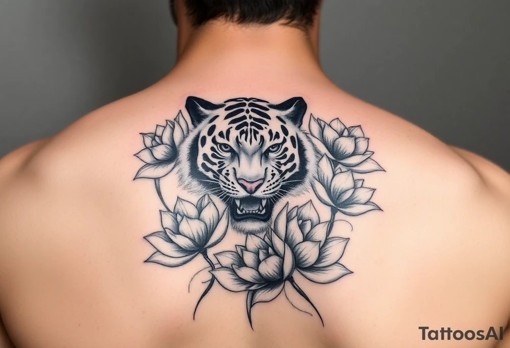 fierce tiger emerging through blooming lotus flowers in mist tattoo idea