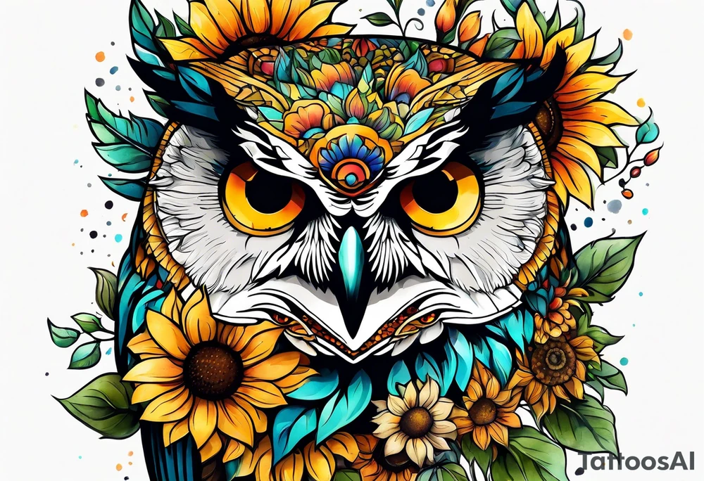 Leg sleeve with colorful sunflowers and an owl tattoo idea