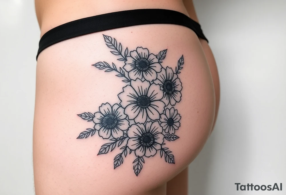Hip and thigh tattoo with Thinner lines and flowers something dainty but also bohemian with maybe a touch of an insect or small animal tattoo idea