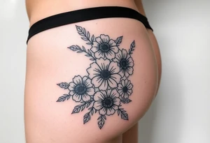 Hip and thigh tattoo with Thinner lines and flowers something dainty but also bohemian with maybe a touch of an insect or small animal tattoo idea
