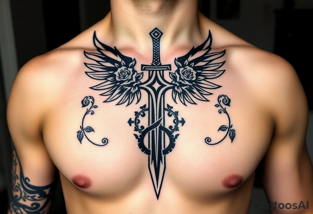 A gothic cross with a sword tip on the bottom going through an infinity sign and has roses and vines growing around and wings on the sides tattoo idea