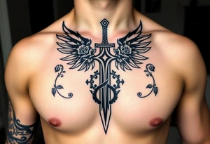 A gothic cross with a sword tip on the bottom going through an infinity sign and has roses and vines growing around and wings on the sides tattoo idea