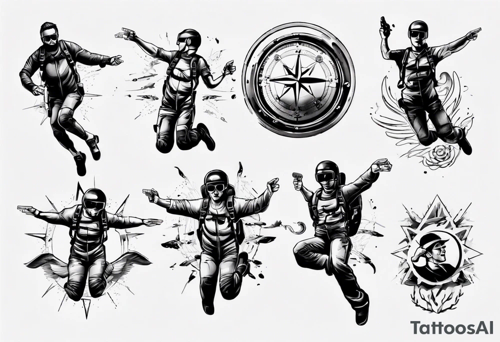 skydiving, shooting guns, compass, adventure tattoo idea