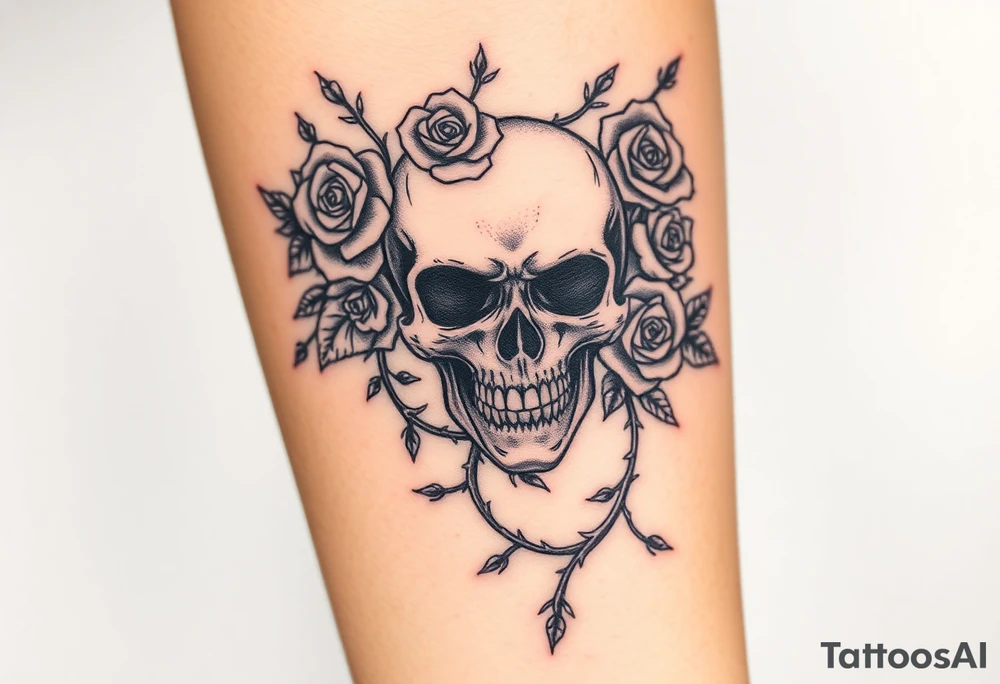 gothic skull intertwined with climbing roses and thorny vines tattoo idea