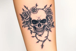 gothic skull intertwined with climbing roses and thorny vines tattoo idea