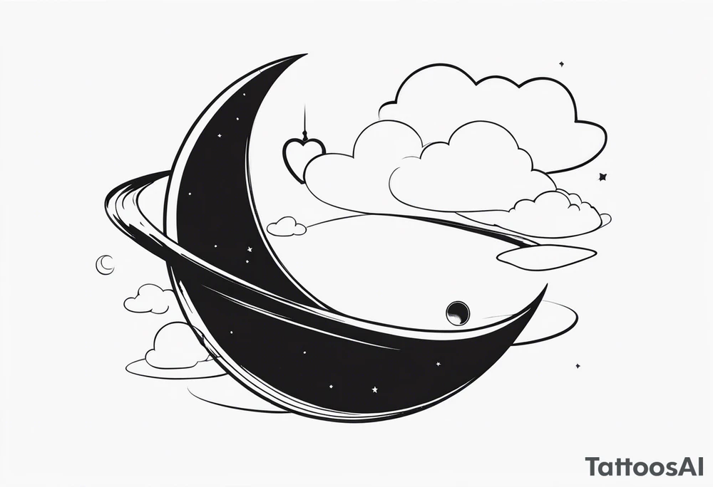 a crescent moon, the planet Saturn, two clouds and a heart balloon tattoo idea a crescent moon, the planet Saturn, two clouds and a heart balloon tattoo idea