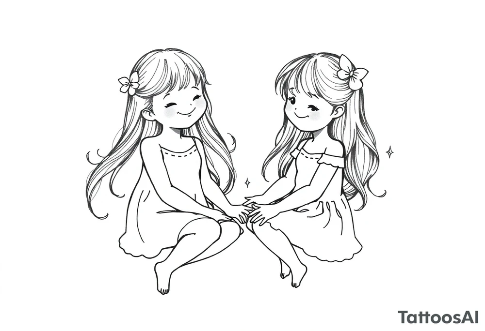 Zwei grinsende kleine mädchen sitzen sich gegenüber eine hat einen Dutt die andere einen Zopf und sie berühren sich an den Fußsohlen seitenansicht tattoo idea