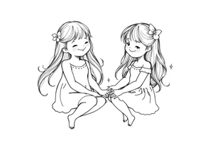 Zwei grinsende kleine mädchen sitzen sich gegenüber eine hat einen Dutt die andere einen Zopf und sie berühren sich an den Fußsohlen seitenansicht tattoo idea