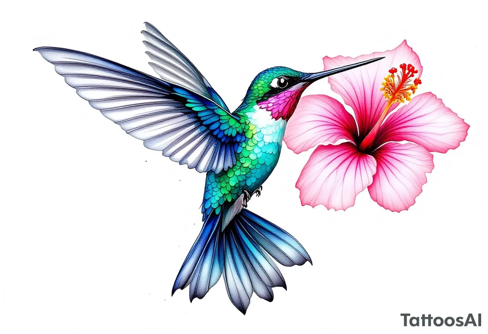 A emerald and sapphire hummingbird in mid-flight, its iridescent feathers shimmering in shades of green, blue, and hints of violet. Its delicate wings are spread wide, capturing intricate details of each feather with a slight motion blur. The hummingbird’s long, slender beak reaches toward a soft pink hibiscus flower, with tiny droplets of nectar visible. tattoo idea