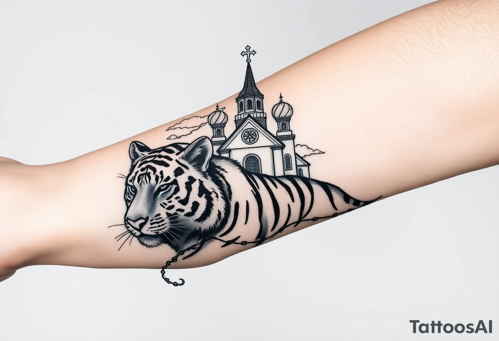 Non cartoon looking tiger on the hand with barb wire at the bottom and then above the tiger do a traditional Russian Orthodox Church with the orthodox traditional cross as the spire in clouds then Virgin Mary above overlooking with hands together on heart tattoo idea