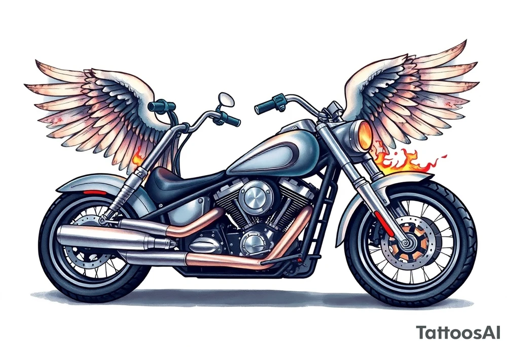 Low rider grey motorcycle, big muffler pipes with flames, angel wings, driving away, no person tattoo idea