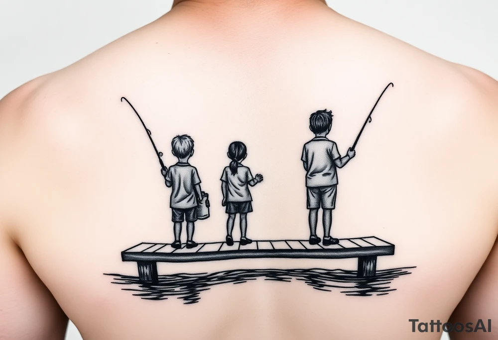 Silhouette of Dad, 14 yr old son, 11 yr old daughter and 3 yr old son fishing on dock at  the lake tattoo idea