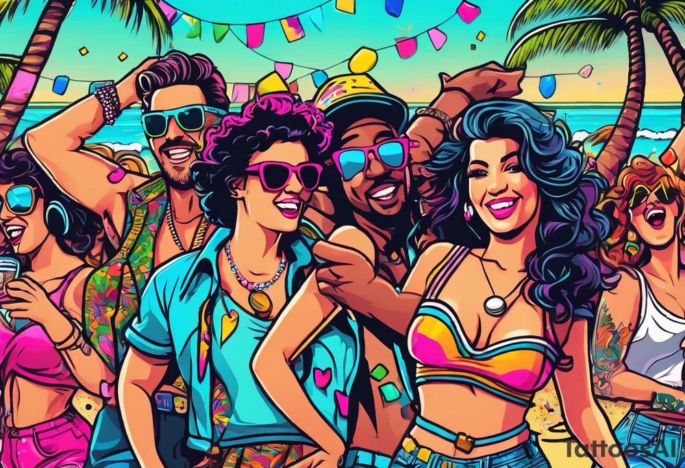 1980's style dance party with boom box and confetti in a beach theme. include people in 80's miami beach clothes, music note. tattoo idea