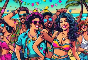 1980's style dance party with boom box and confetti in a beach theme. include people in 80's miami beach clothes, music note. tattoo idea