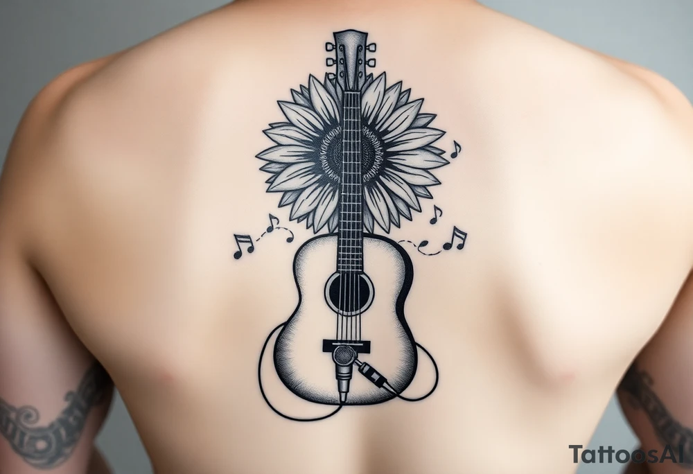 sunflower with guitar angling behind with music notes flowing through with a
 microphone tattoo idea