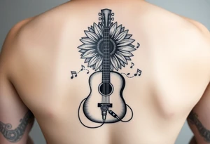 sunflower with guitar angling behind with music notes flowing through with a
 microphone tattoo idea
