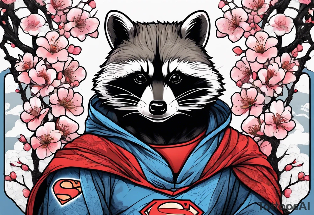 Raccoon wearing a Superman hoodie and Japanese cherry blossoms tattoo idea