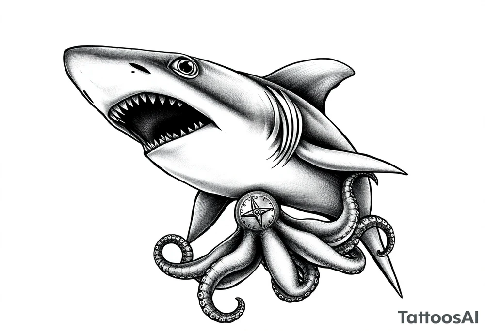 hammerhead- shark with open mouth,under it a compass,octopus. tattoo idea