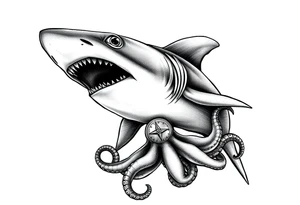 hammerhead- shark with open mouth,under it a compass,octopus. tattoo idea