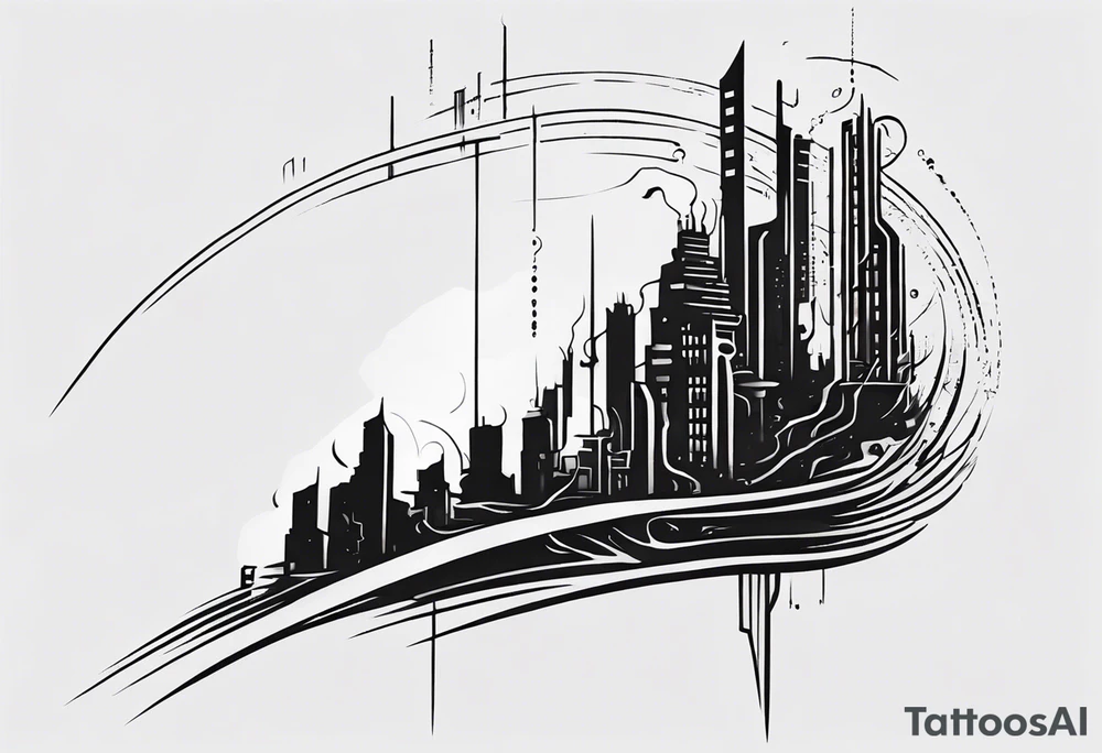 minimalist cyberpunk upper arm design from the shoulder that depicts heaven and hell as a city scape 
with neuron projecting downwards. tattoo idea