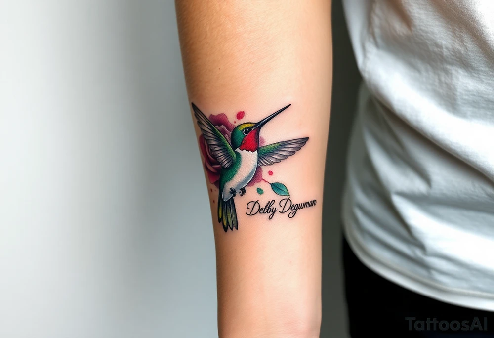 A tattoo on the forearm with the name Debby Deguzman with a humming bird and a rose tattoo idea