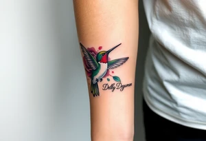 A tattoo on the forearm with the name Debby Deguzman with a humming bird and a rose tattoo idea