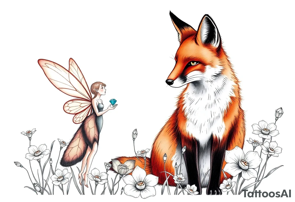 Fox with a fairy standing close to it  holding a emerild jem in a field of lillys tattoo idea
