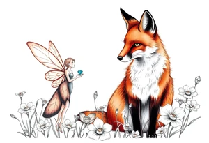 Fox with a fairy standing close to it  holding a emerild jem in a field of lillys tattoo idea
