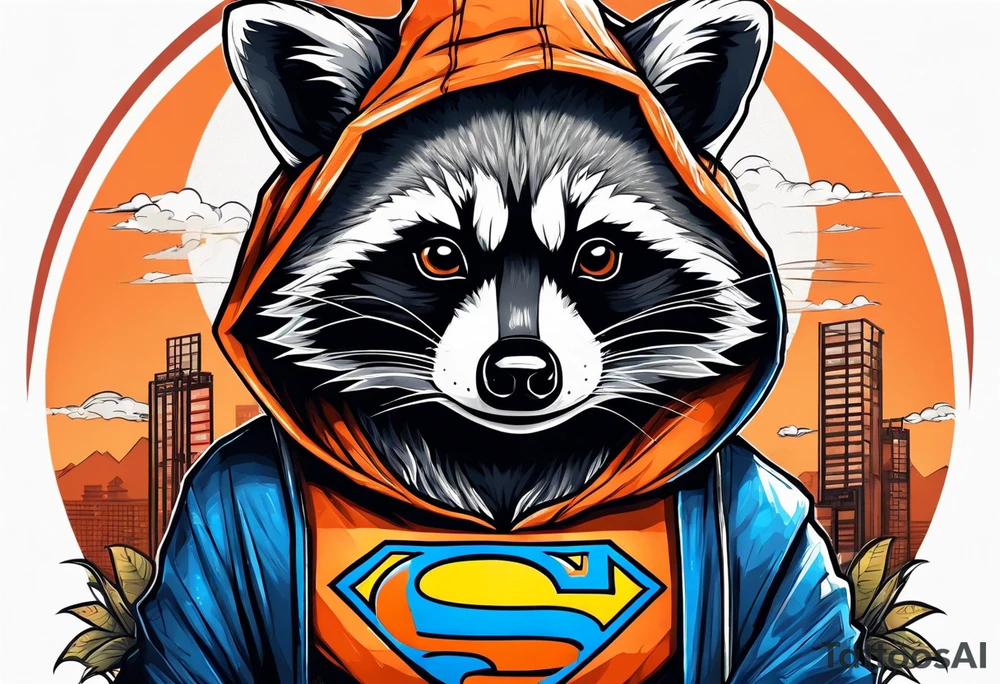 Raccoon wearing an orange Superman hoodie tattoo idea